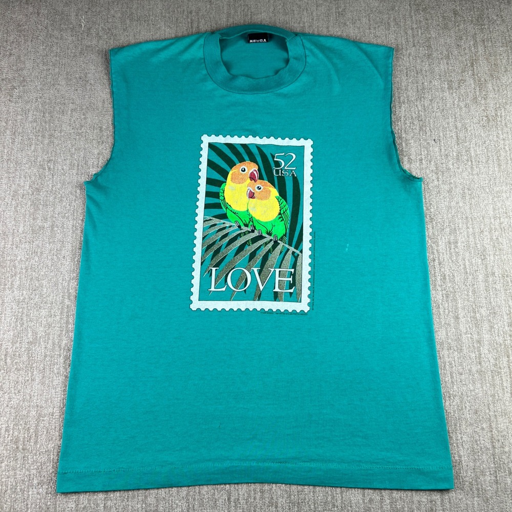 Vintage 90s Love Birds Stamp Screen Stars Best Muscle Tee Mens L Teal Green USA